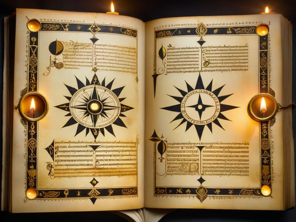 Un antiguo manuscrito con símbolos y dibujos iluminados por velas en una habitación tenue