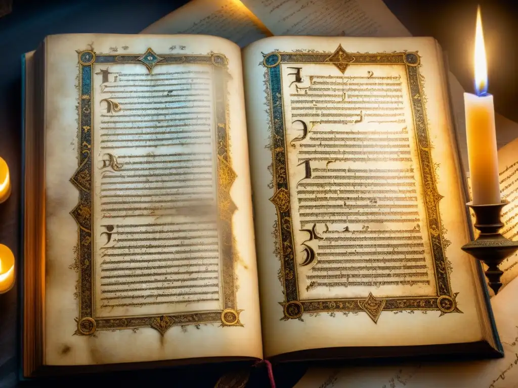 Antiguo manuscrito con símbolos y dibujos misteriosos, iluminado por luz tenue en una habitación llena de artefactos religiosos y libros polvorientos