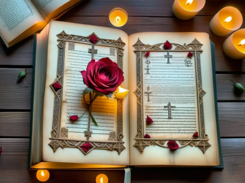 Un antiguo manuscrito con símbolos encriptados y rosas entrelazadas, iluminado por velas