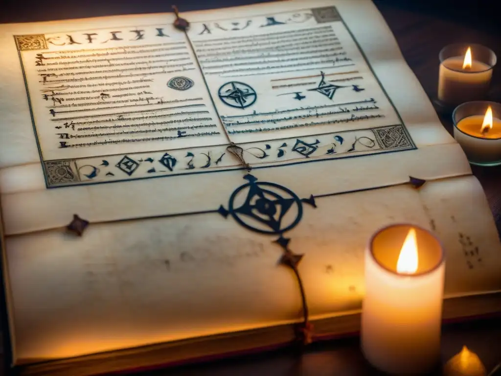 Misterioso manuscrito rosacruz iluminado por velas Antiguo manuscrito rosacruz con símbolos esotéricos, iluminado por velas en ambiente misterioso