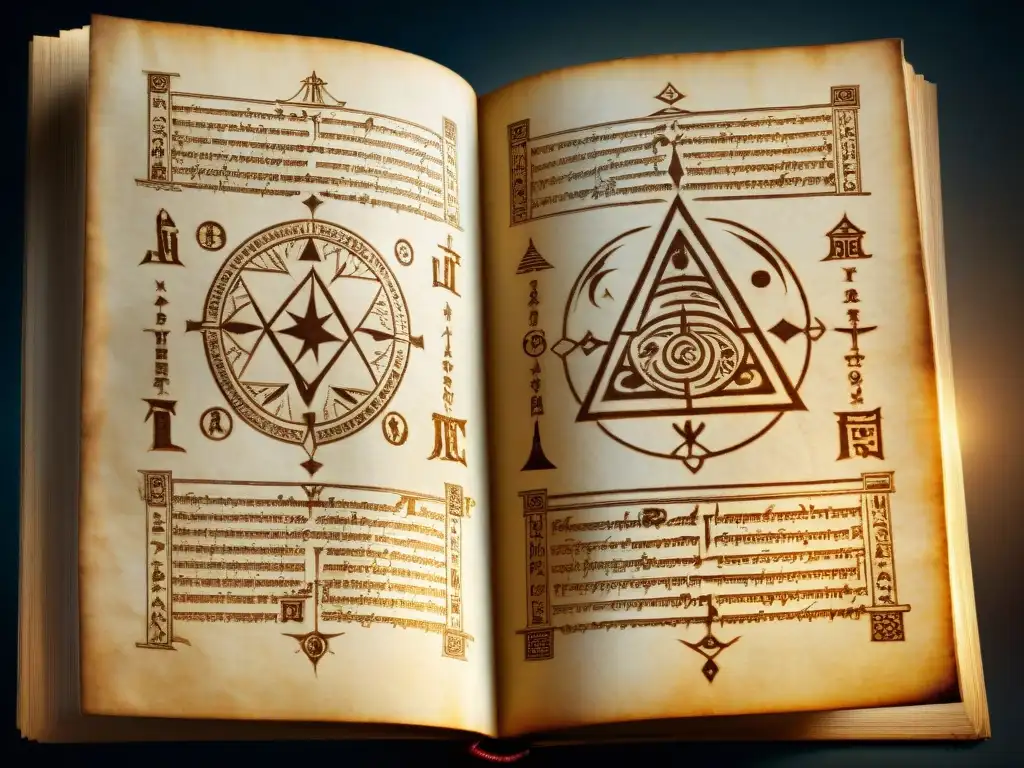 Antiguo manuscrito con símbolos esotéricos iluminado por luz mística