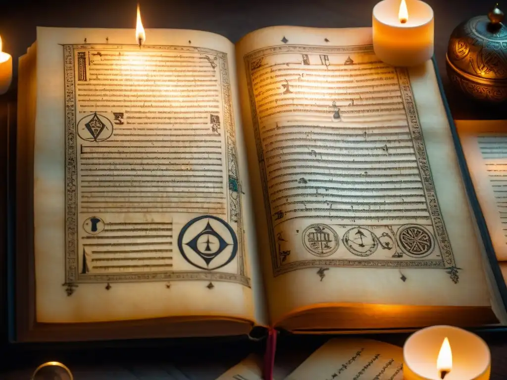 Antiguo manuscrito con símbolos e ilustraciones iluminado por velas en una habitación tenue