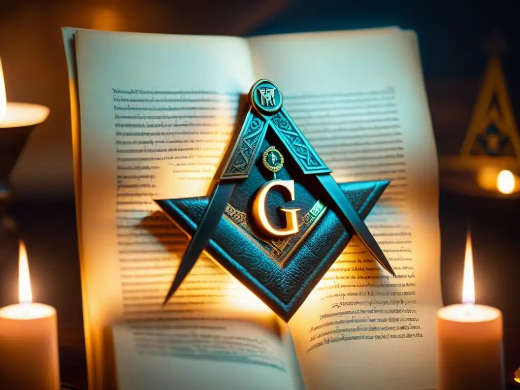 Manuscrito antiguo: símbolos masones e Illuminati en detalle Antiguo manuscrito con símbolos intrincados de sociedades secretas, iluminado por luz de vela