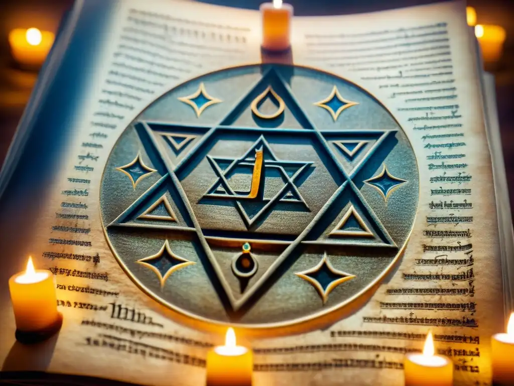 Manuscrito antiguo con símbolos kabbalísticos iluminados Antiguo manuscrito con símbolos kabbalísticos iluminados por luz etérea, rodeado de velas