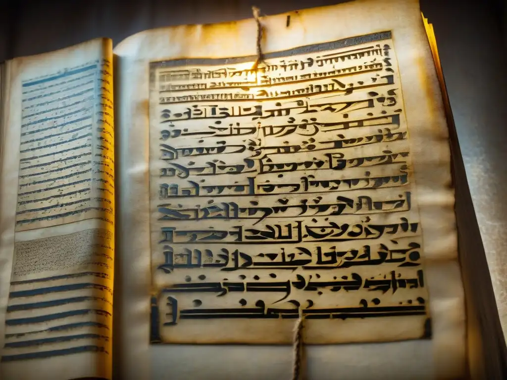 Misterioso manuscrito kabalístico iluminado por la luz Un antiguo manuscrito con símbolos kabbalísticos iluminado por la luz, mostrando la importancia de la Cábala en mundos fantásticos
