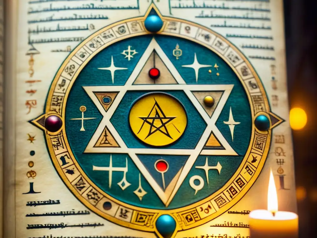 Manuscrito Kabbalístico: Misterios iluminados Antiguo manuscrito con símbolos kabbalísticos iluminado por velas; muestra la importancia de la Cábala en mundos fantásticos