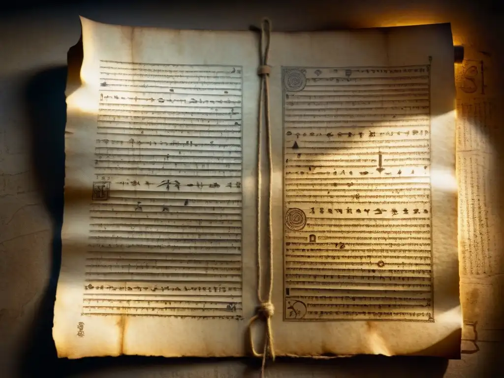 Antiguo manuscrito con símbolos en lenguaje secreto, iluminado por la luz en una habitación polvorienta y tenue