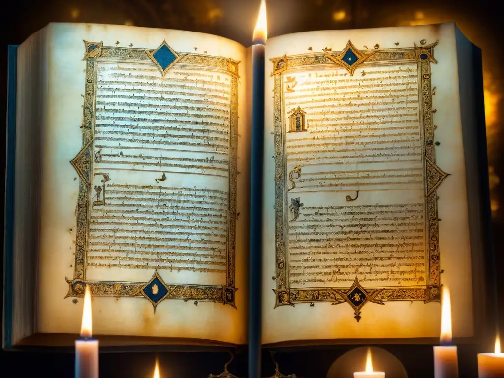 Un antiguo manuscrito con símbolos misteriosos iluminado por una vela en una cámara misteriosa, evocando los misterios de sociedades secretas y Nostradamus