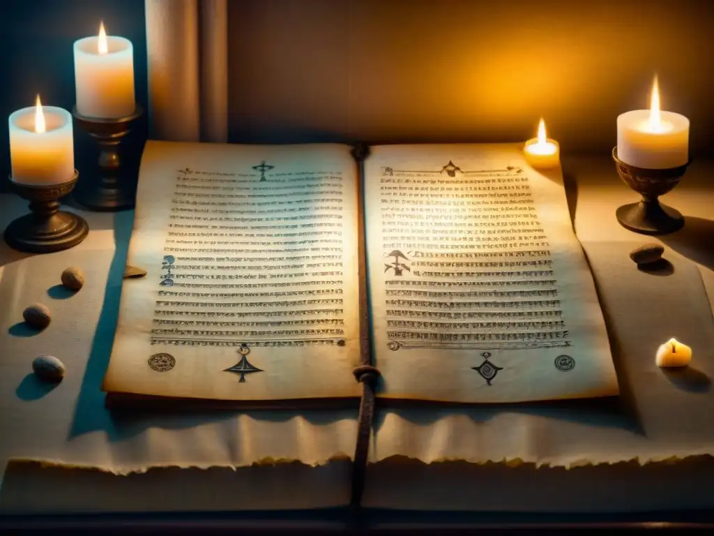 Antiguo manuscrito con símbolos Rosacruces y mensajes cifrados, iluminado por luz de velas en una habitación tenue