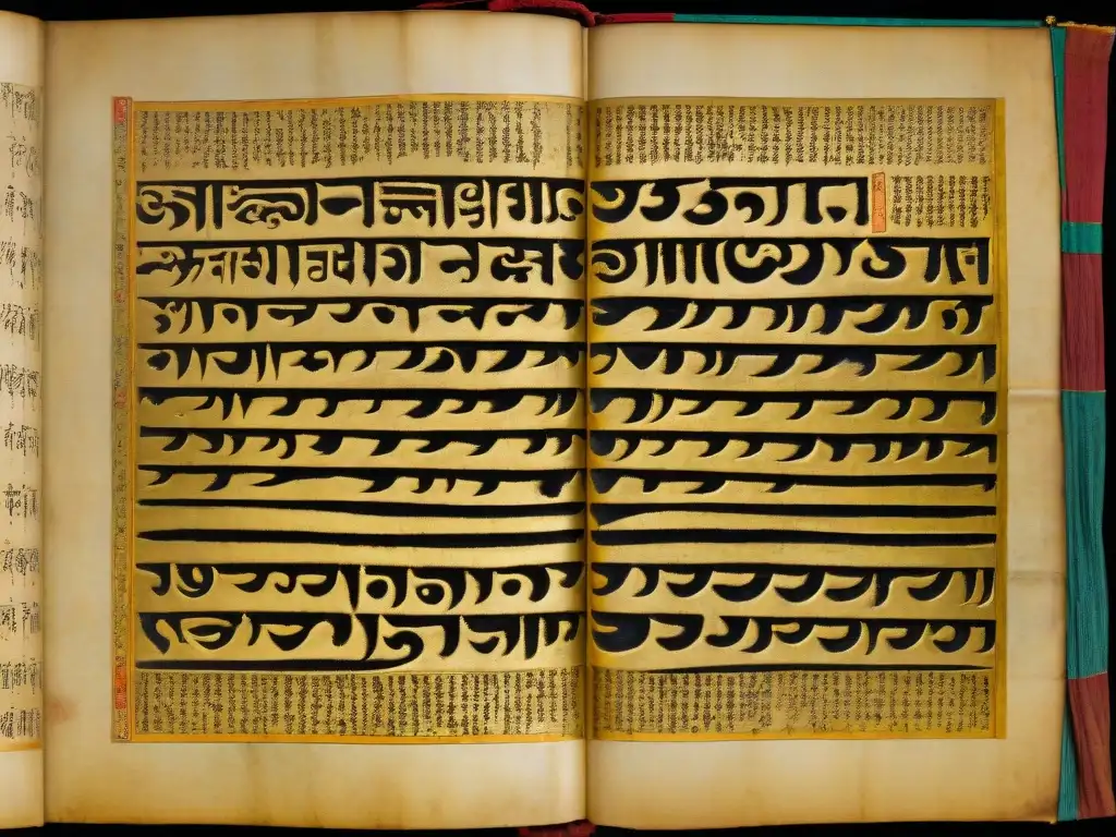 Antiguo manuscrito tibetano con caligrafía dorada detallada y criaturas míticas, evocando misticismo y sabiduría