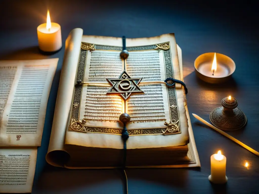 Un antiguo manuscrito del Zohar iluminado por una tenue luz de vela en una habitación sombría