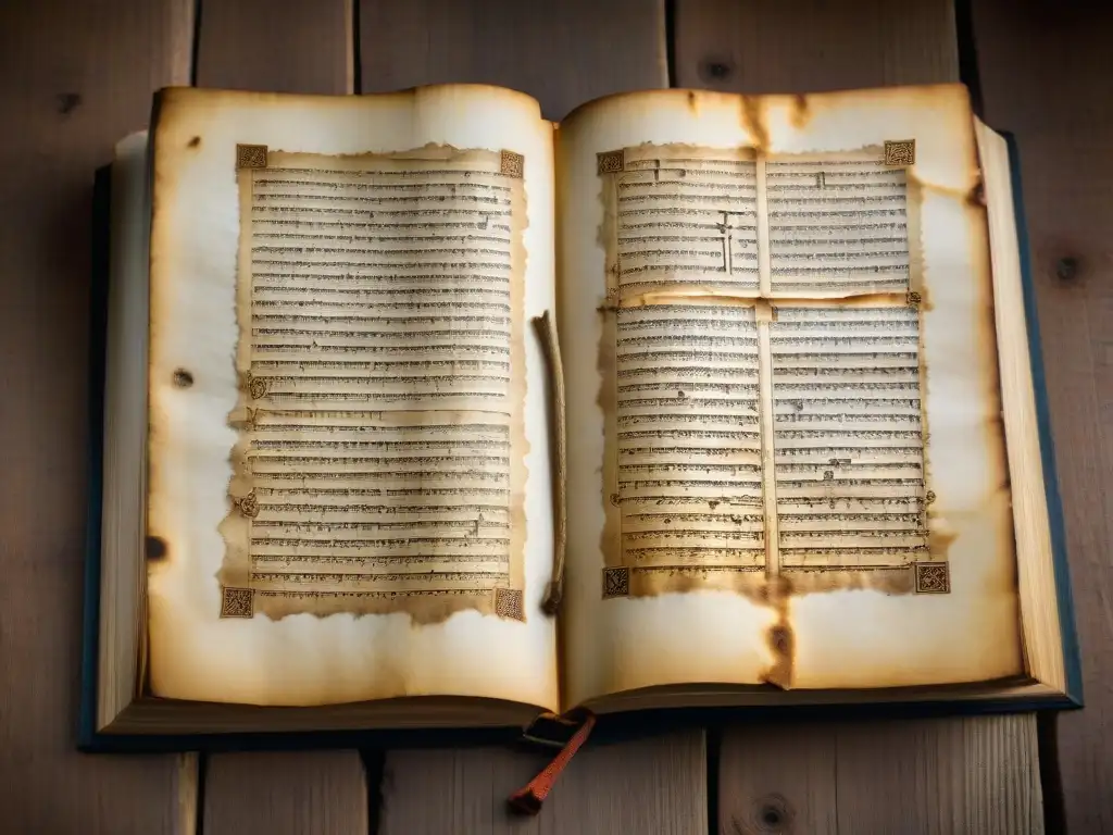 Antiguo manuscrito del Zohar en mesa de madera iluminado por luz tenue