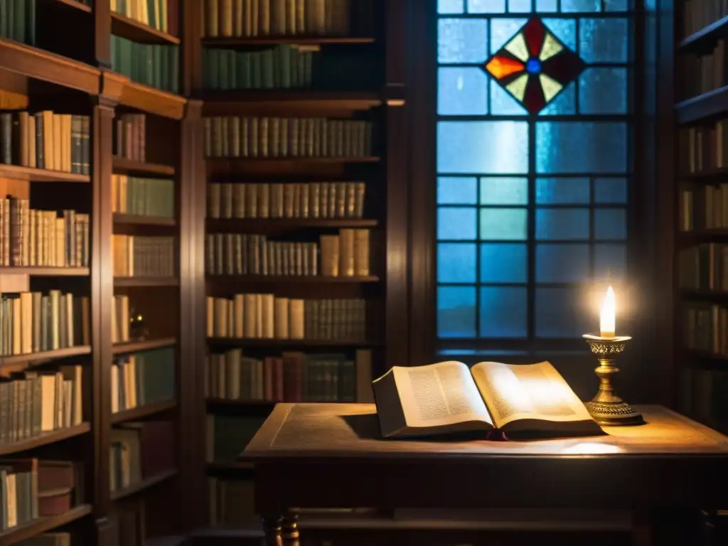 Un antiguo y misterioso rincón de una biblioteca iluminado por un rayo de luz, con libros polvorientos sobre ocultismo