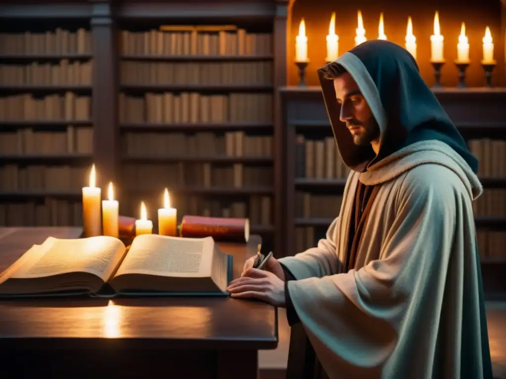 Un antiguo y misterioso scriptorium iluminado por una vela titilante, donde sociedades secretas estudian textos antiguos