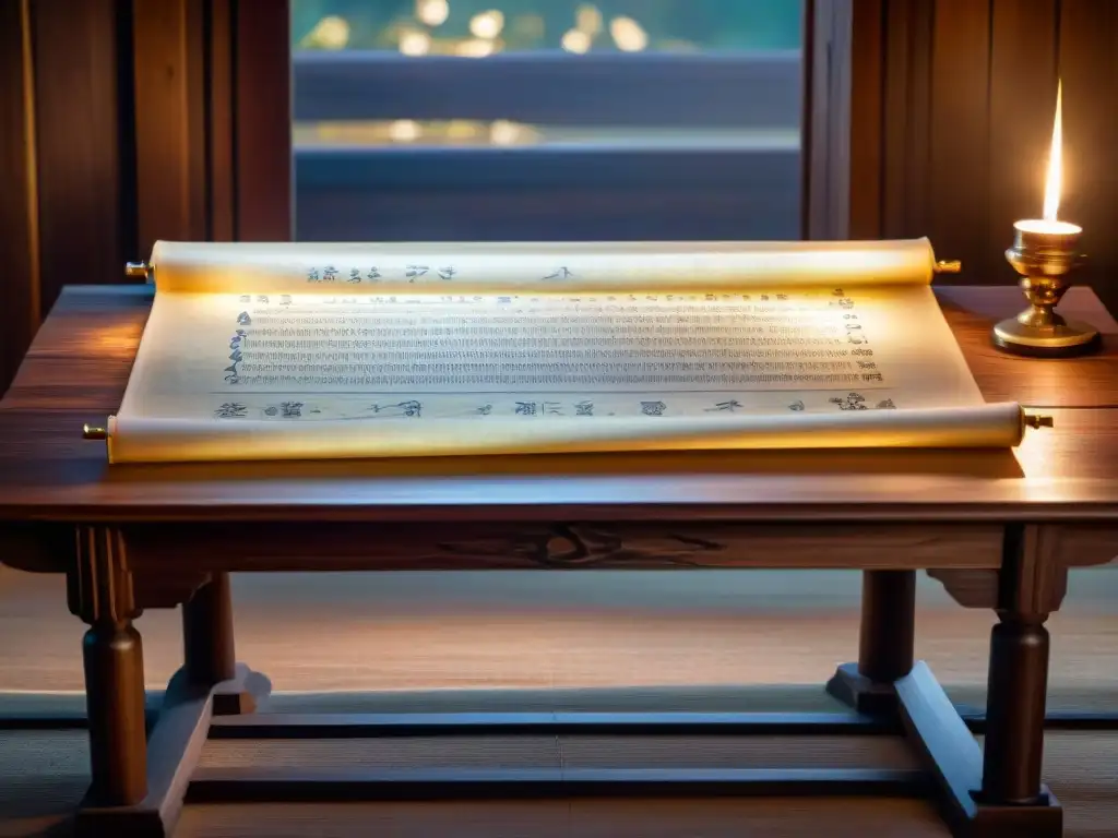 Antiguo pergamino de acupuntura ilustrado en mesa de madera con luz de velas, misterios acupuntura sociedad secreta