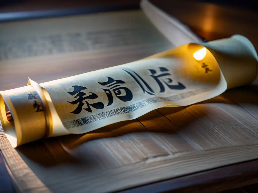 Antiguo pergamino chino desplegado en mesa de madera, iluminado por luz suave