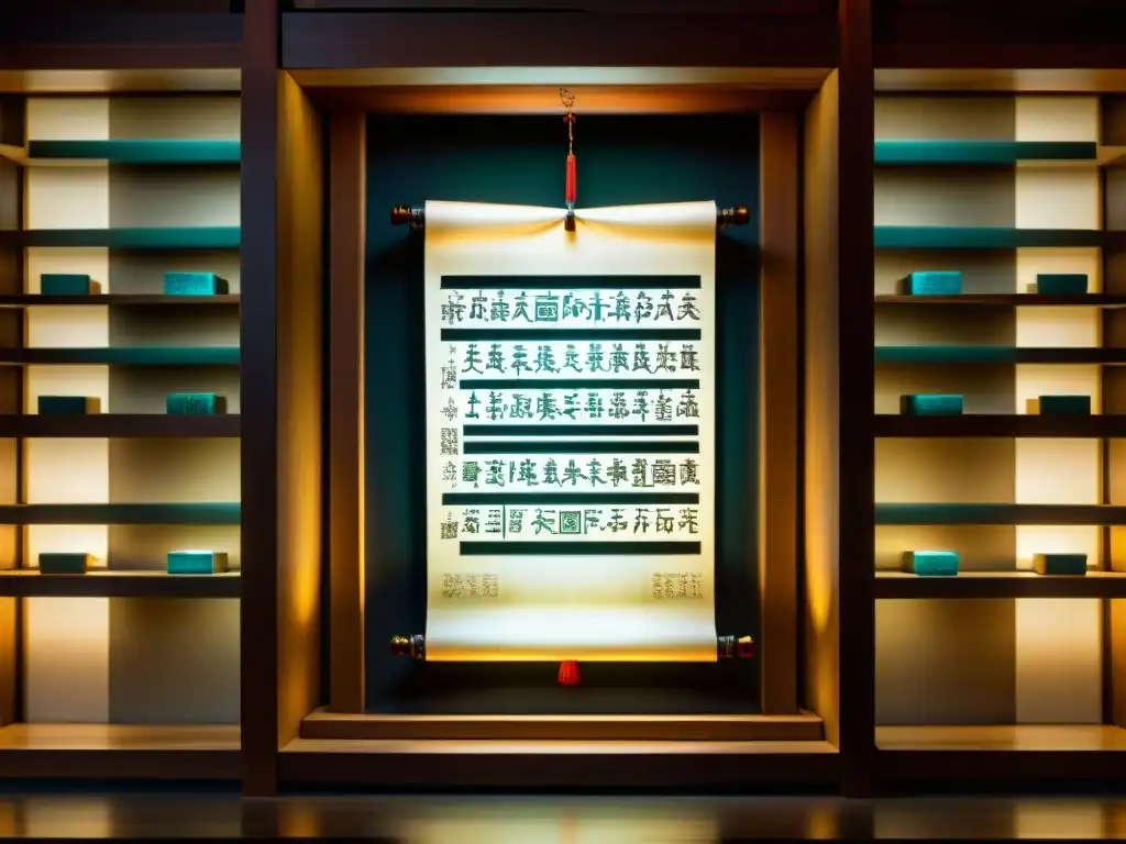 Antiguo pergamino chino del I Ching iluminado por luz divina, rodeado de tecnología