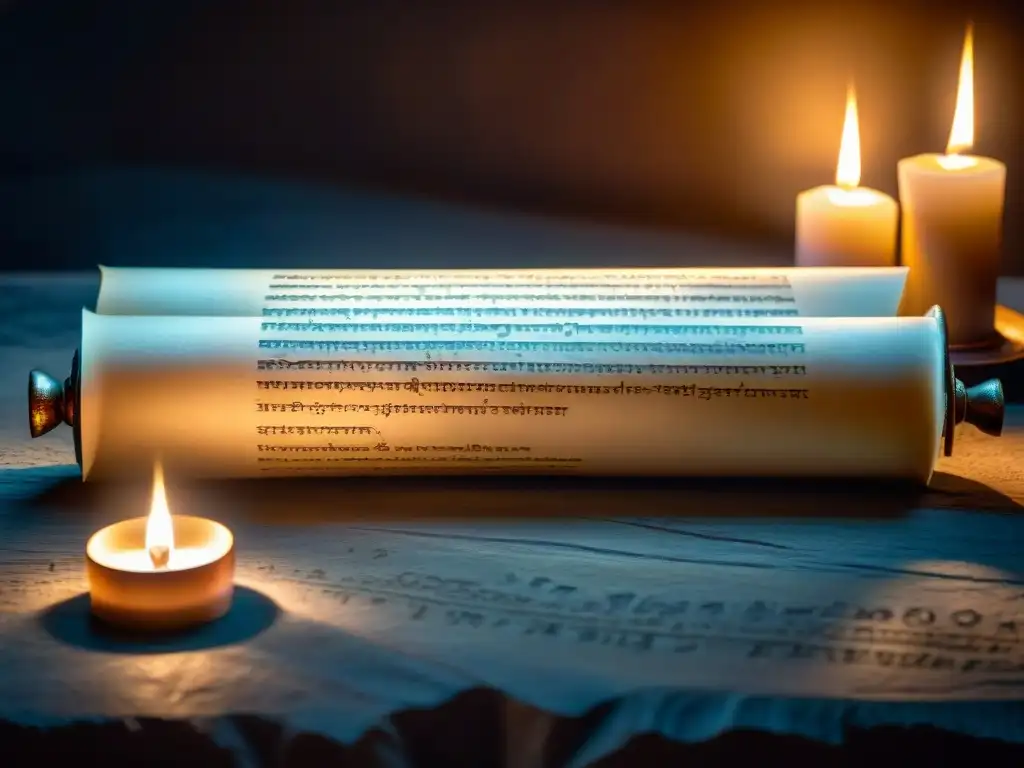 Antiguo pergamino con códigos sagrados en mesa de piedra iluminado por velas, evocando influencia de sociedad secreta