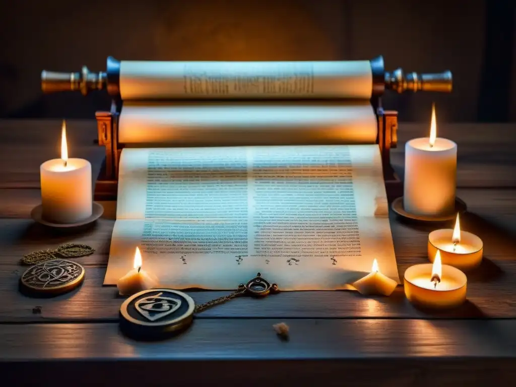Antiguo pergamino desenrollado en mesa de madera iluminada por velas, con símbolos y escritos crípticos en tinta desvanecida