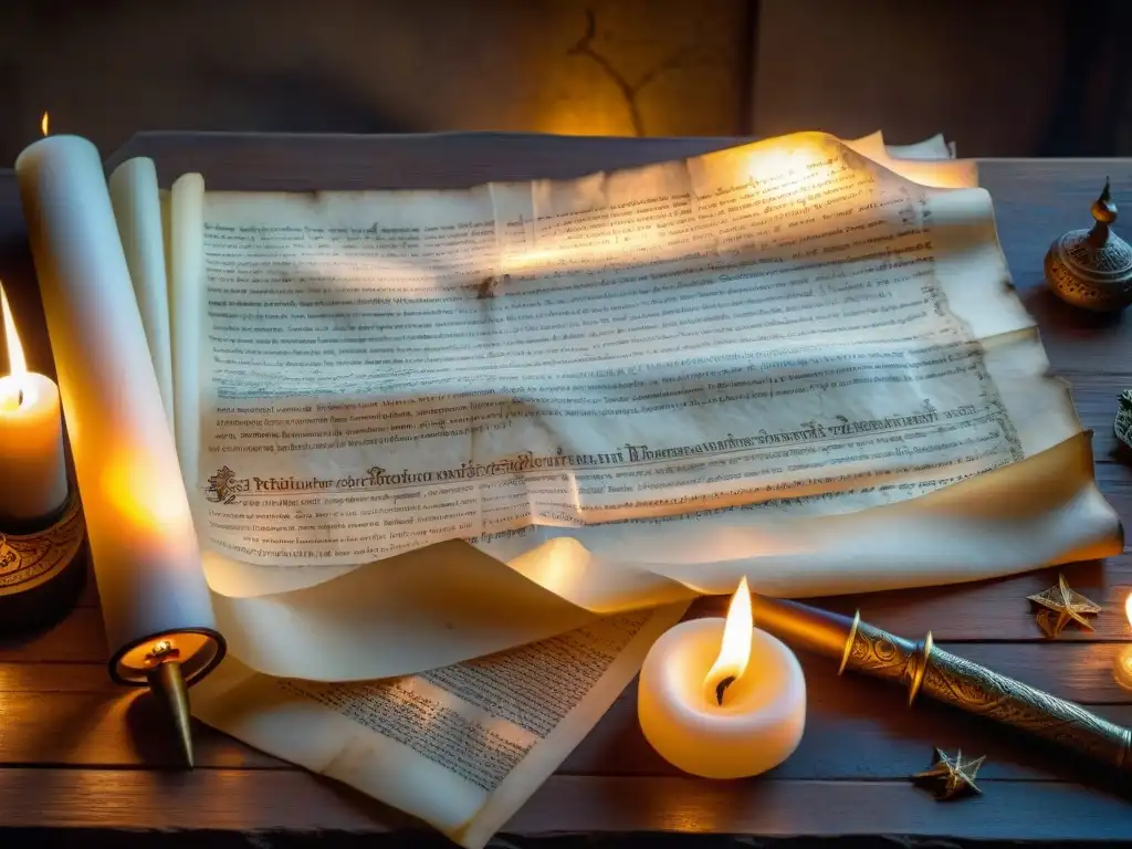 Un antiguo pergamino desplegado sobre una mesa de piedra, iluminado por velas, con símbolos y texto encriptado