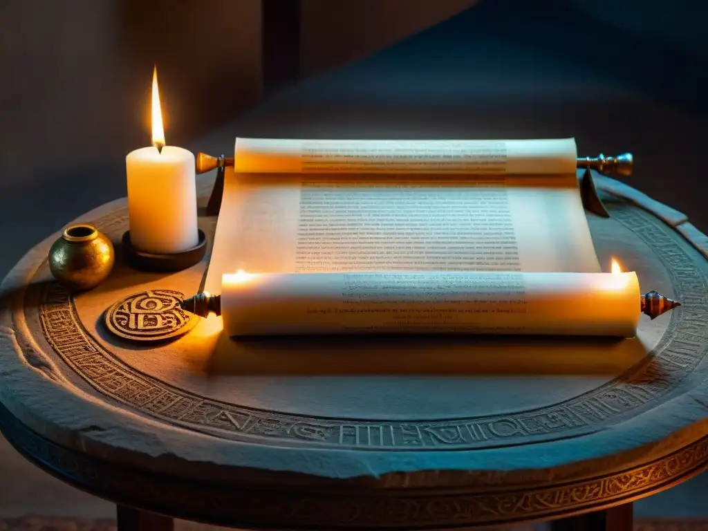 Antiguo pergamino desplegado en mesa de piedra, con símbolos y texto encriptado en lenguaje olvidado, iluminado por luz de velas