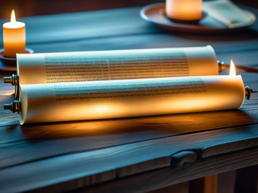 Un antiguo pergamino desplegado en una mesa de madera, iluminado por la luz de una vela