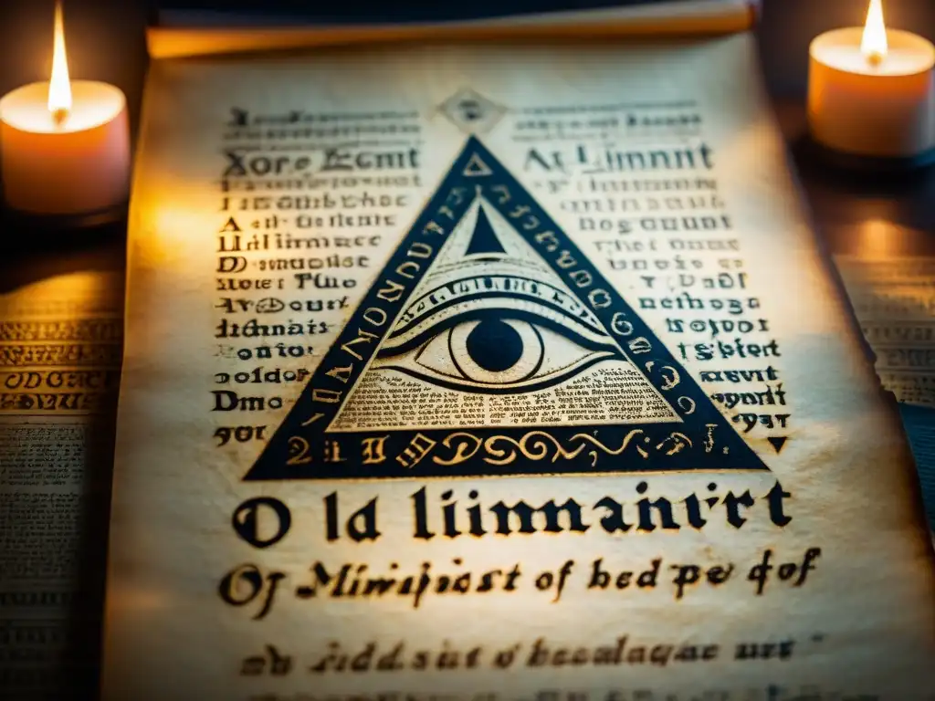 Un antiguo pergamino iluminado por una tenue luz de vela en una habitación misteriosa, con mensajes ocultos Illuminati documentos históricos