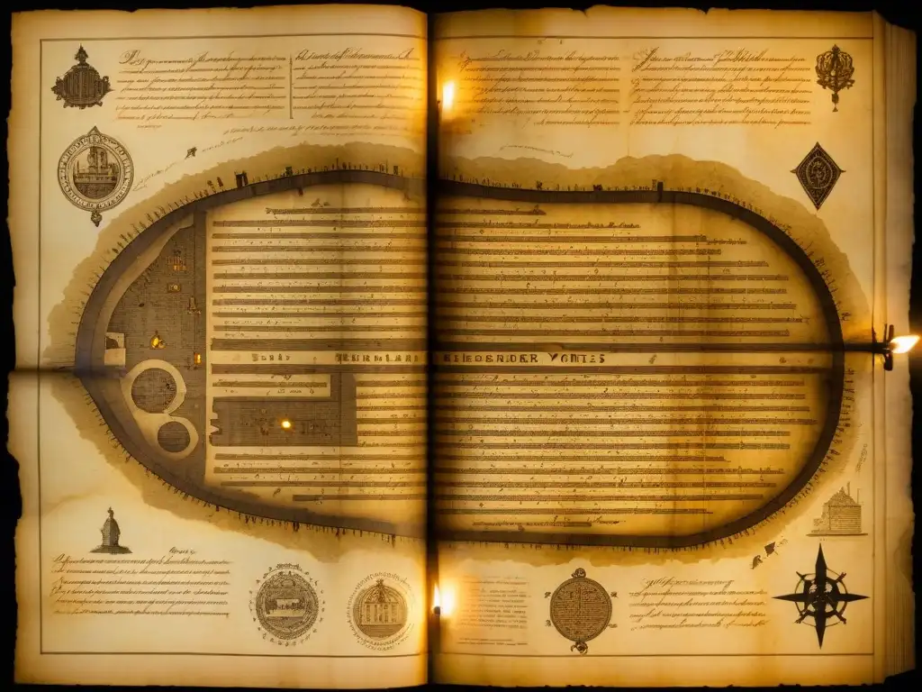 Antiguo pergamino iluminado por velas con mapa de túneles secretos bajo Filadelfia, evocando a Benjamin Franklin y los Illuminati