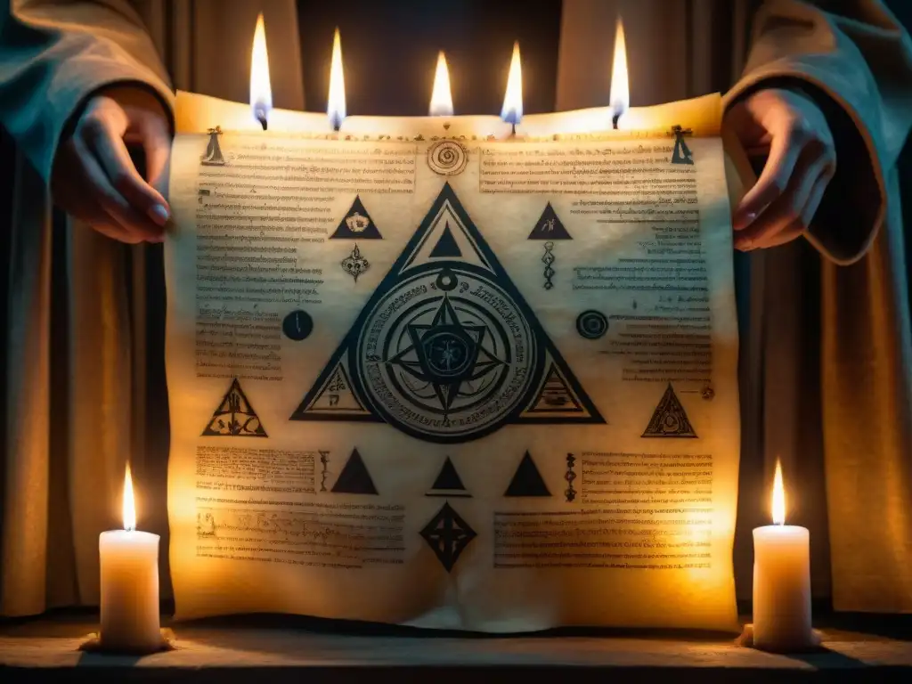 Antiguo pergamino con símbolos alquímicos, velas iluminando un ritual místico de los Illuminati