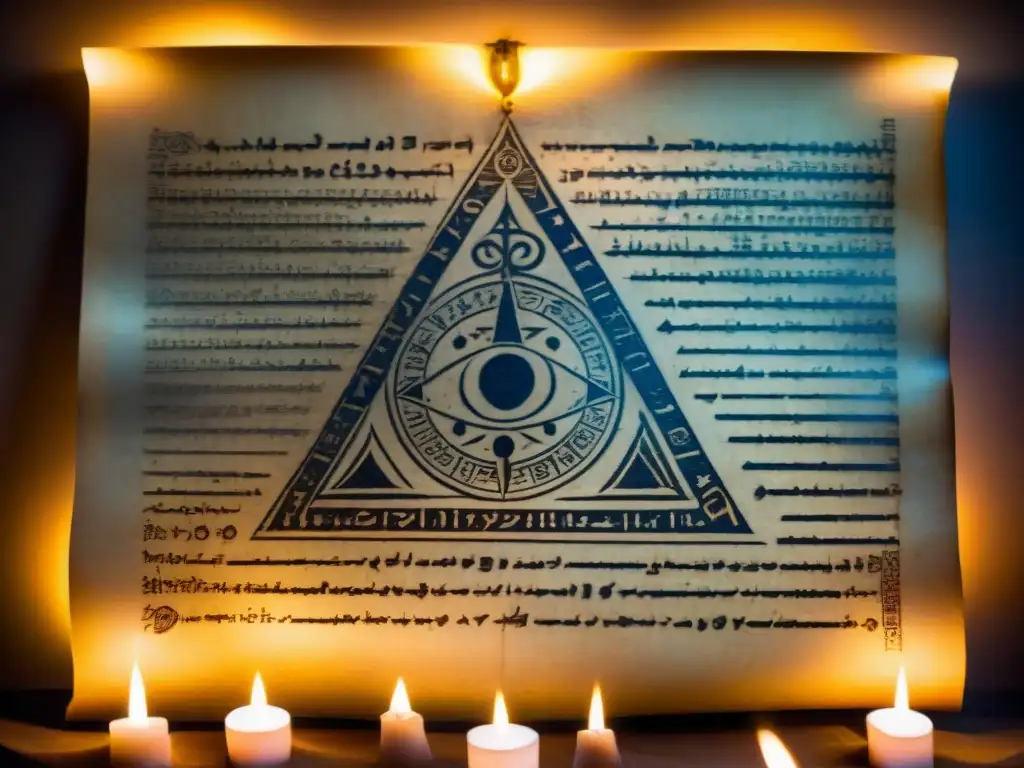 Antiguo pergamino con símbolos e mensajes ocultos Illuminati, iluminado por luz de vela