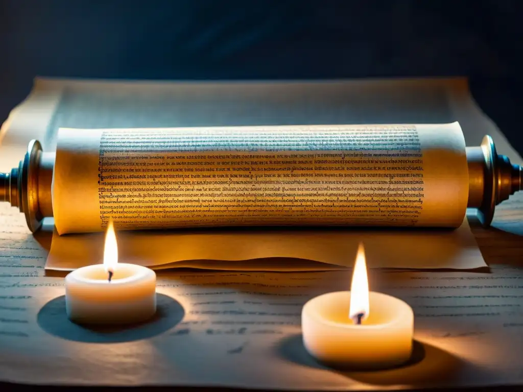 Antiguo pergamino con símbolos en mesa de piedra iluminada por velas, evocando sociedades secretas e historia enigmática