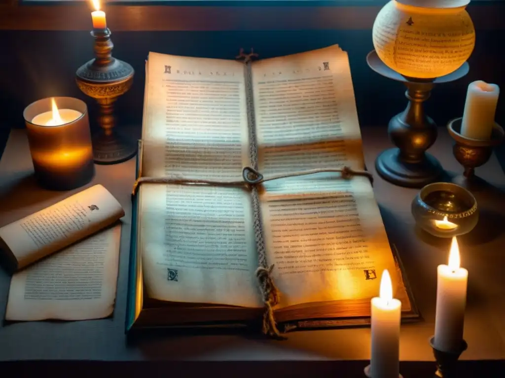 Antiguo pergamino con símbolos misteriosos iluminado por velas en una habitación oscura llena de libros antiguos y secretos de una sociedad secreta