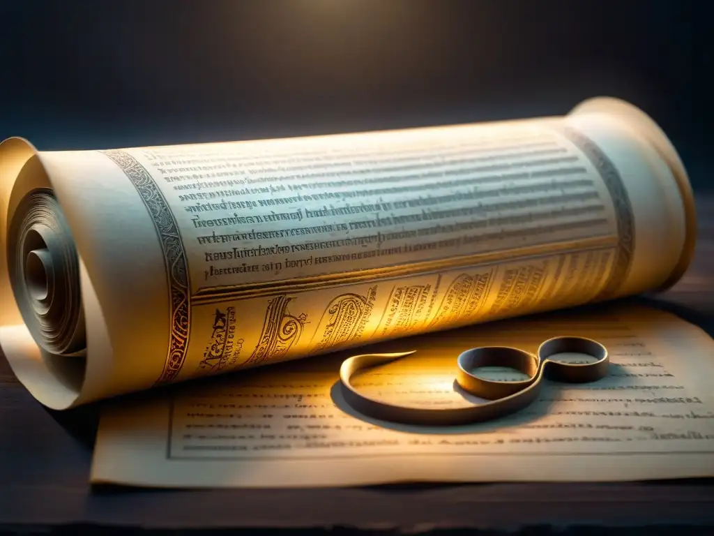 Antiguo pergamino desplegándose con símbolos misteriosos de ángeles y gigantes