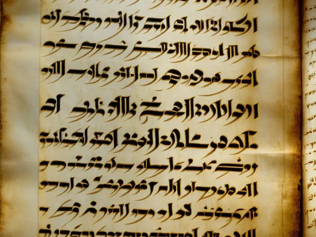 Pergamino antiguo con textos hebreos desgastados Antiguo pergamino con texto en hebreo desgastado, revelando secretos de sociedades secretas y siglos de historia