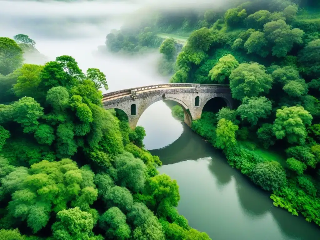 Un antiguo puente de piedra sobre un río tranquilo, rodeado de vegetación exuberante y neblina