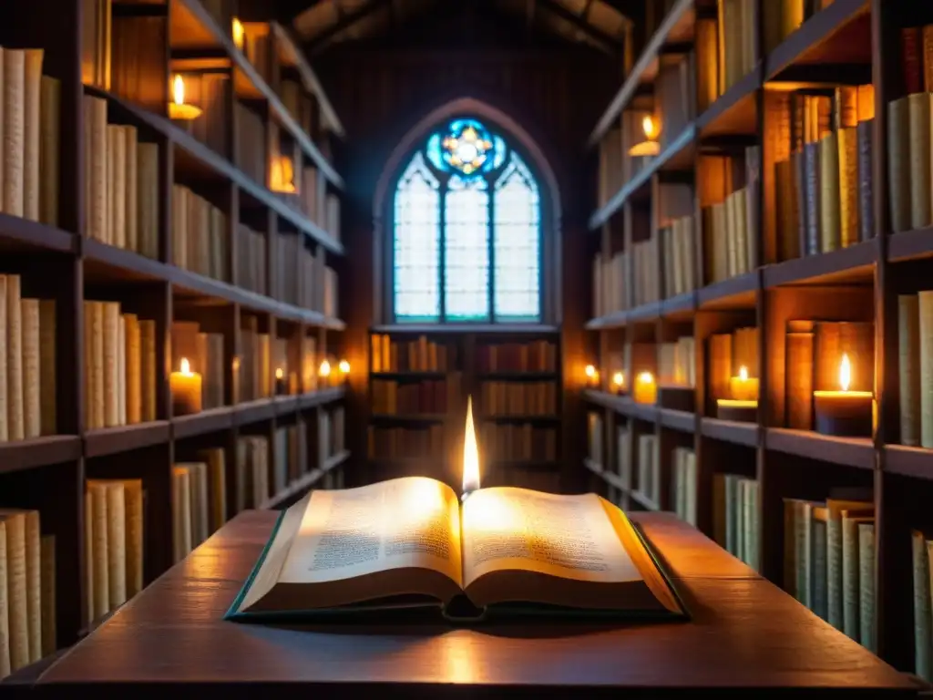 Un antiguo script con símbolos místicos y notas musicales en una biblioteca iluminada por una vela, revelando la Banda Sonora Secreta Rosacruces