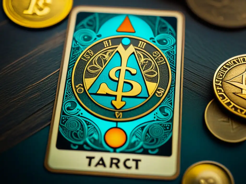 Antiguo tarot con símbolos criptomonedas y elementos financieros, evocando misterio