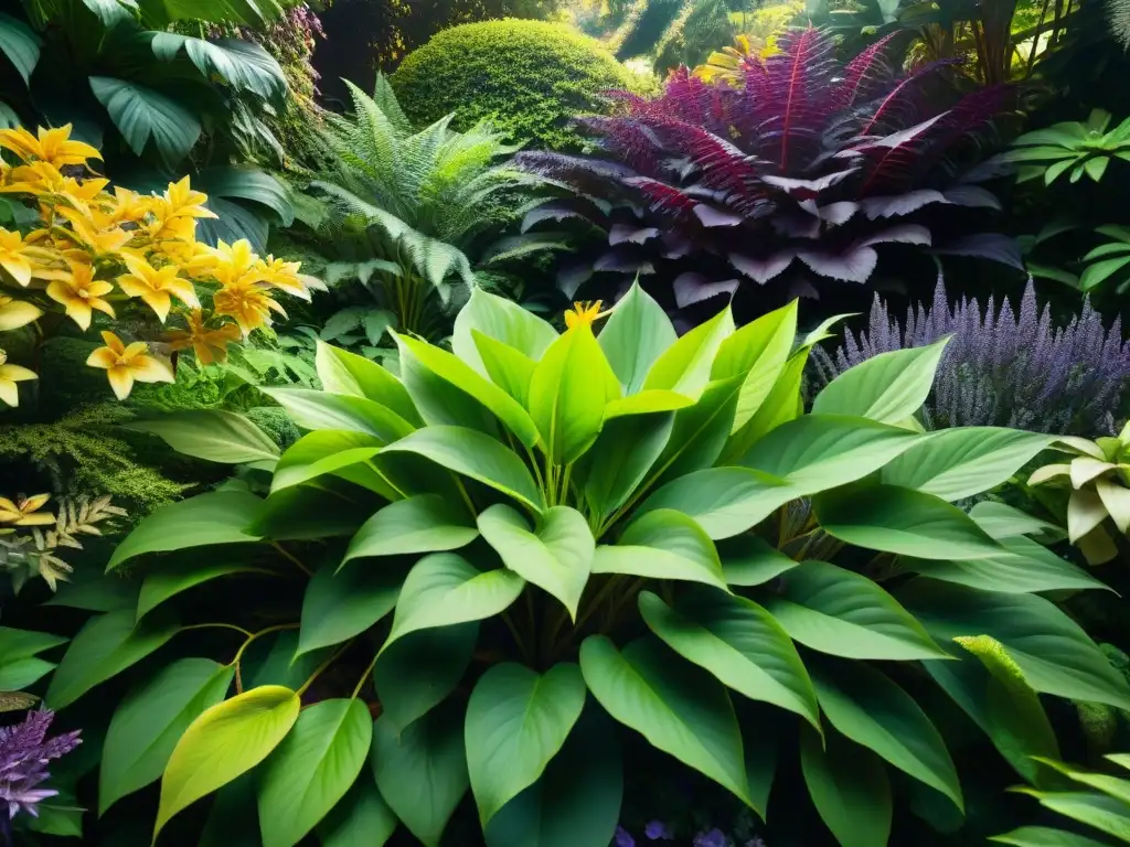 Un jardín botánico antiguo con una variedad de plantas exóticas vibrantes bañadas en luz etérea, evocando la práctica esotérica rosacruz botánica