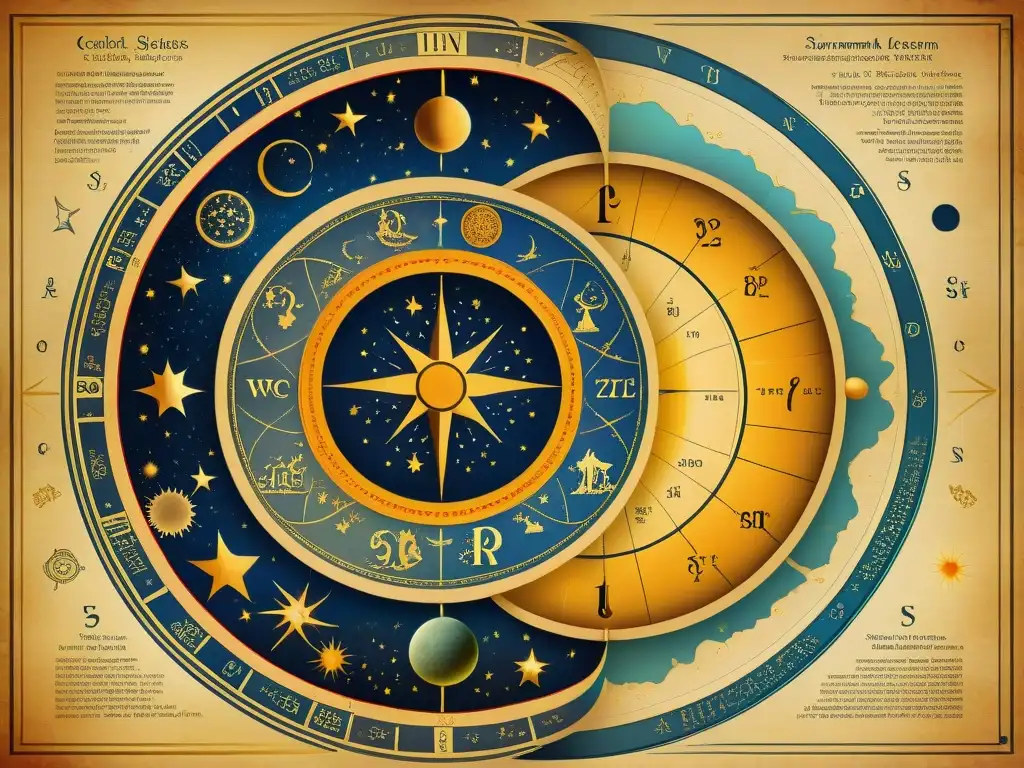 Dos antiguos y detallados gráficos astronómicos en pergamino, representando la diferencia entre la astrología védica y occidental