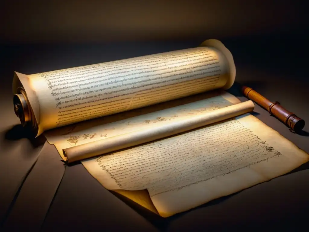 Misteriosos pergaminos antiguos: secretos revelados Antiguos pergaminos y rollos en una habitación tenue revelan secretos y sociedades secretas de la historia