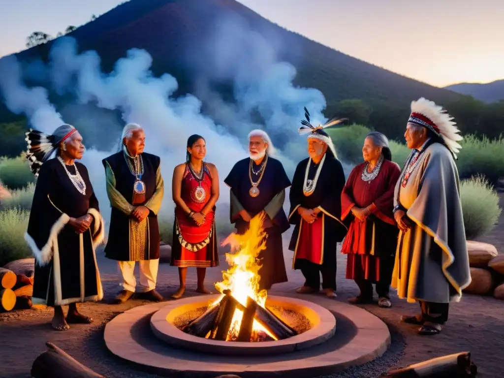 Antiguos rituales de iniciación revelados: Ancianos indígenas en círculo alrededor del fuego, con rostros iluminados por las llamas al anochecer