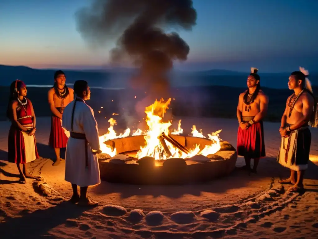 Antiguos rituales de iniciación revelados: Grupo ceremonial en círculo alrededor del fuego nocturno, expresiones intensas bajo sombras danzantes