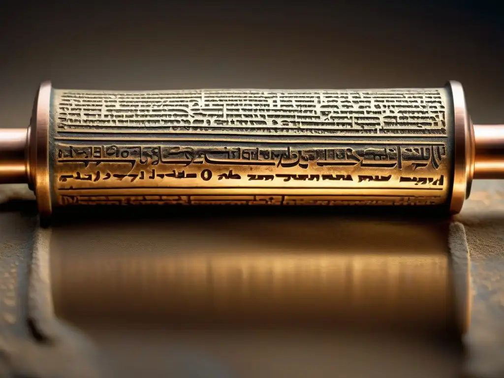 Detalles enigmáticos de los Rollos de Cobre de Qumrán Antiguos rollos de cobre de Qumrán con misteriosas inscripciones encriptadas en la superficie metálica
