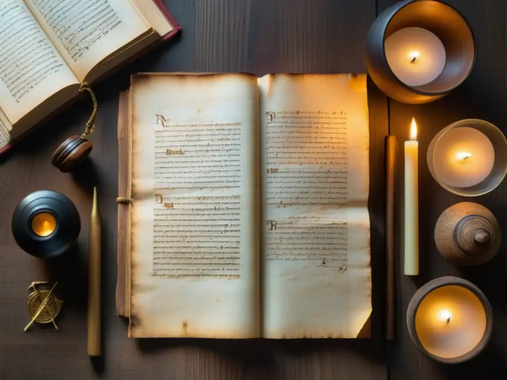 Antiguos Textos Nag Hammadi iluminados en mesa de roble: gnosticismo e influencia enigmática