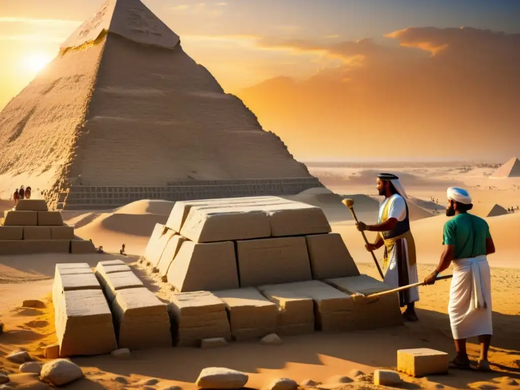 Antiguos trabajadores egipcios construyendo la Gran Pirámide de Giza al atardecer, revelando los secretos de sociedades antiguas