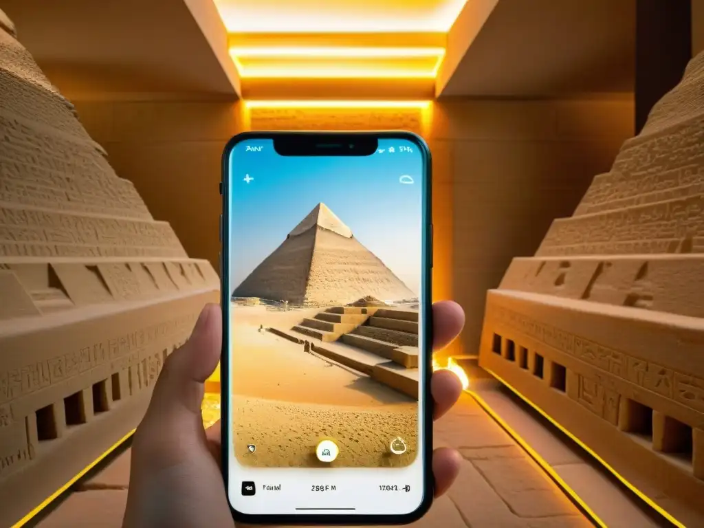 Aplicaciones descubrir misterios Egipto: recorrido virtual detallado de la Gran Pirámide de Giza en un smartphone moderno