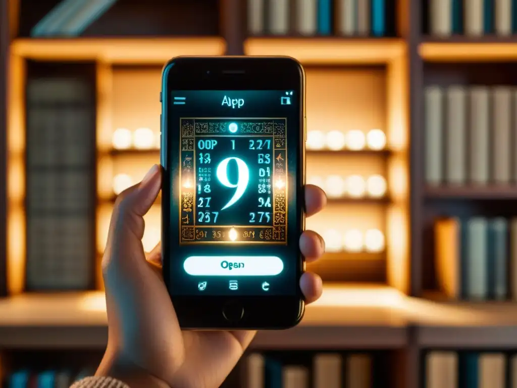 Explorando apps de numerología para smartphone en un ambiente místico y envolvente