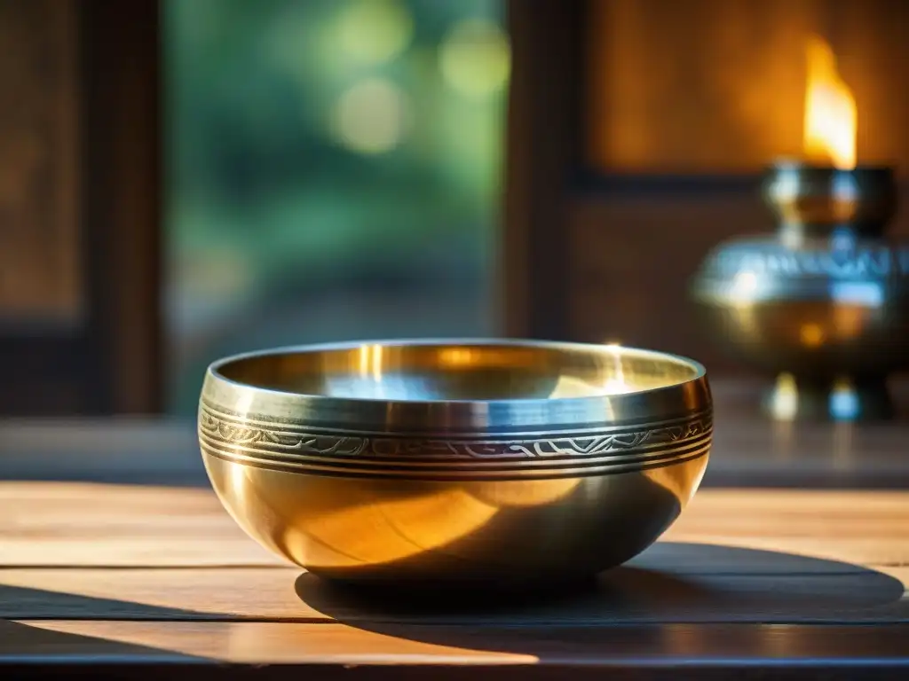 Armoniosa terapia de sonido: cuenco tibetano con agua en mesa de madera rústica