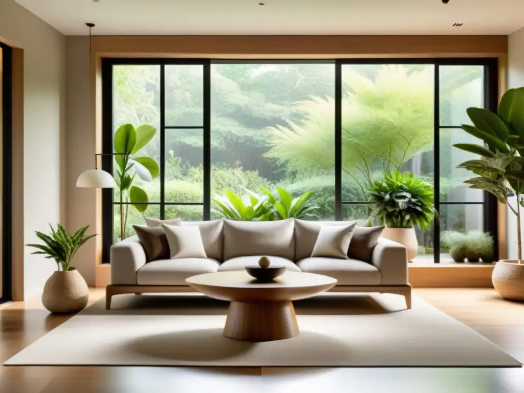 Un armonioso salón decorado con Feng Shui para armonía en casa, con tonos terrosos, elementos naturales y luz natural suave