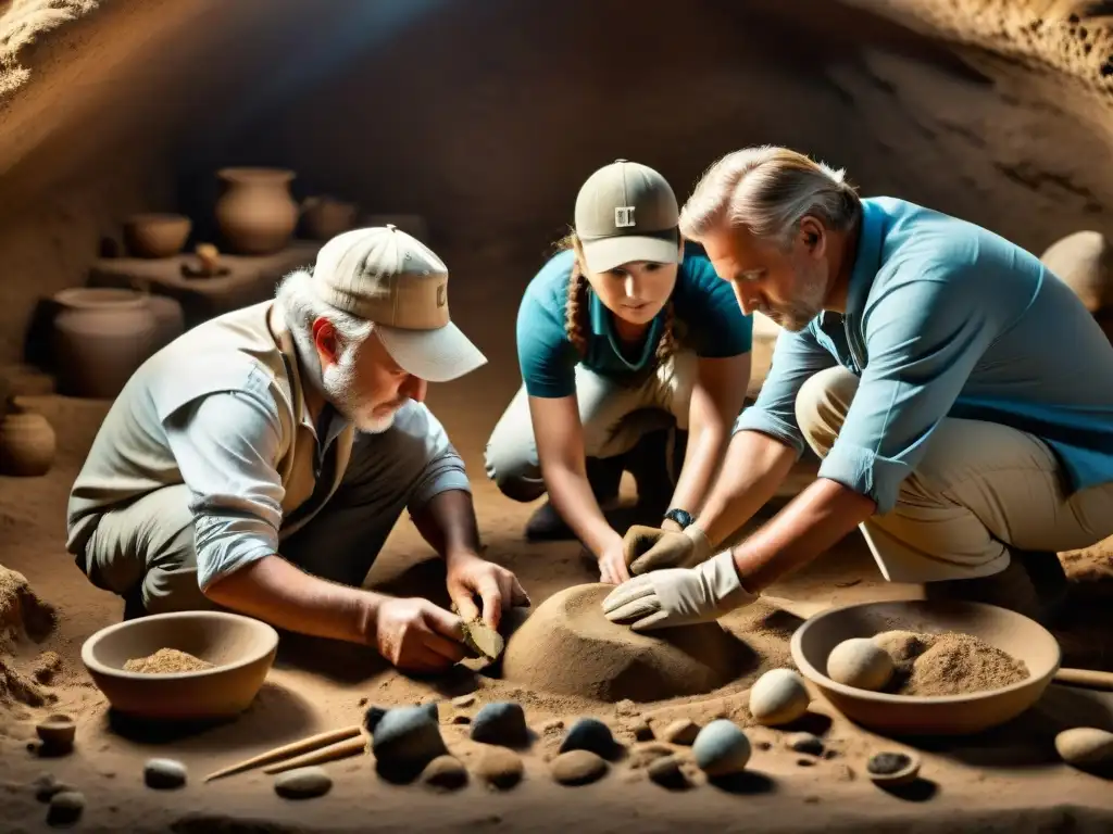 Arqueólogos ética colección objetos culto antiguo en excavación meticulosa